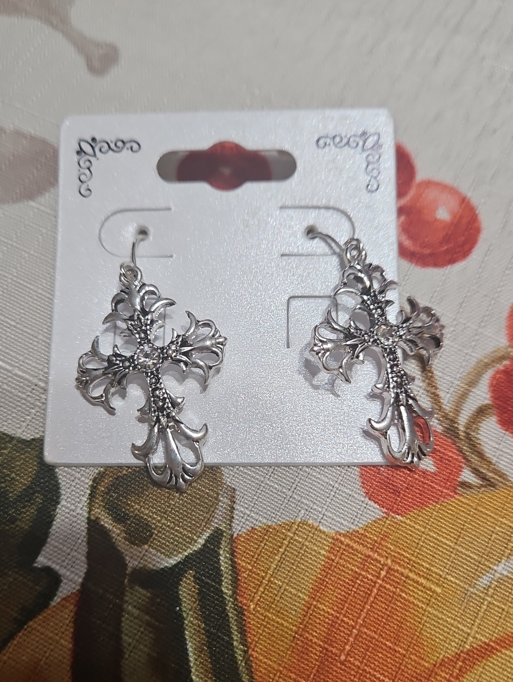 Silver Ornate Cross Dangle Earrings - Women
